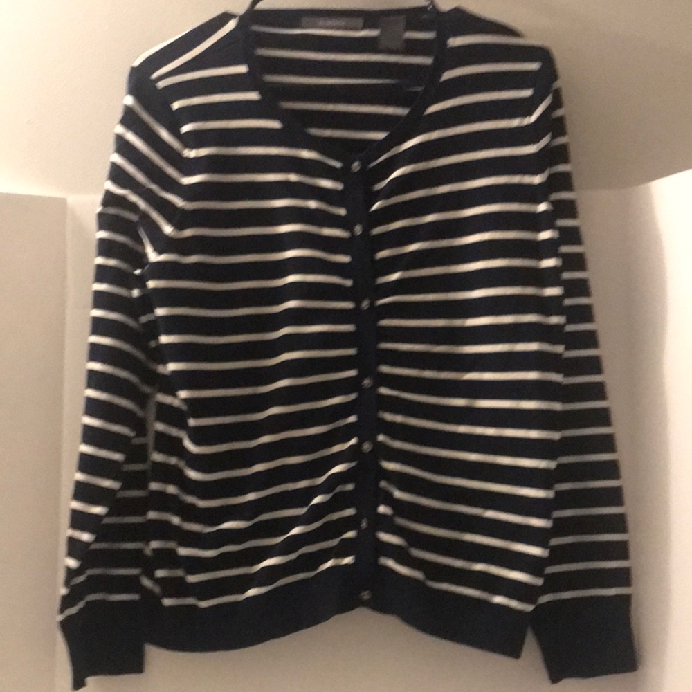 Liz Claiborne cardigan size L rhinestone flower buttons black white stri…